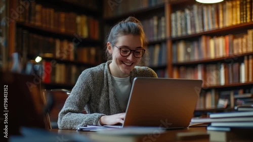 Student studying library laptop.