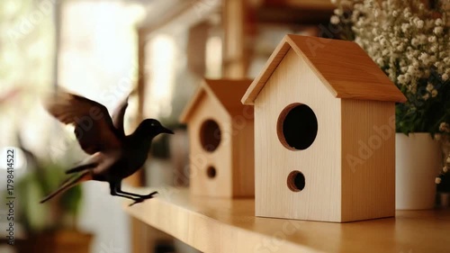 Wooden birdhouses on shelf.