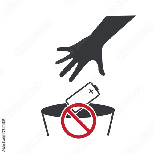 Isolated prohibition sign showing a hand throwing a used battery into a trash bin, symbol warning against improper battery disposal.