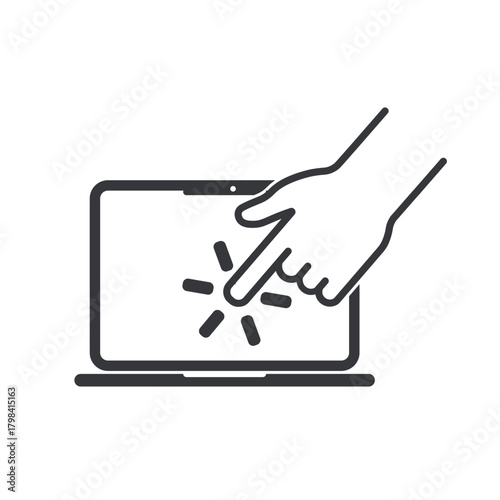 Isolated pictogram of an open laptop with a finger touching the screen, symbolizing touchscreen notebook, digital interaction, and modern technology.