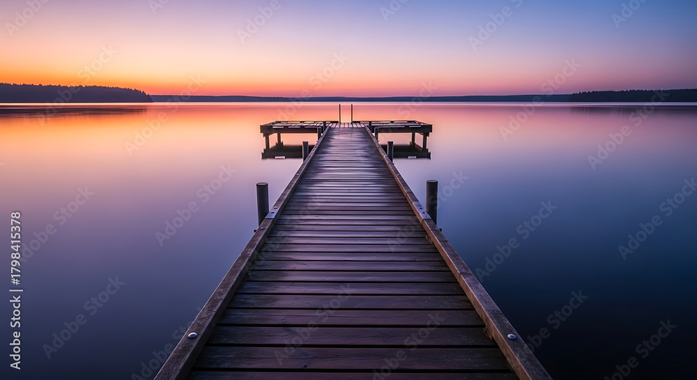 Naklejka premium Serene wooden dock extending into calm lake at sunset soft reflections