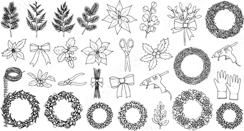 Christmas Wreath Making Elements Set: Hand-Drawn Holiday Leaves, Poinsettias, Holly, Mistletoe, Ribbons, Tools, and Various Wreath Outlines. Line Art Vector.