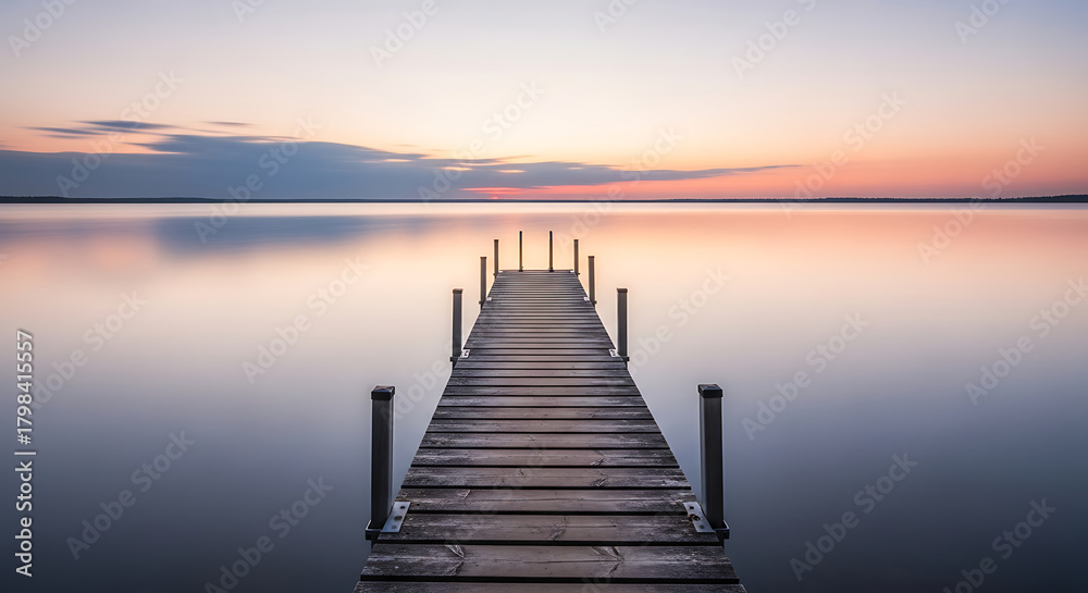 Fototapeta premium Serene wooden dock extending into calm lake at sunset soft reflections