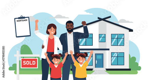 Happy Family Celebrating Buying a New Home With a Sold Sign and Mortgage Document