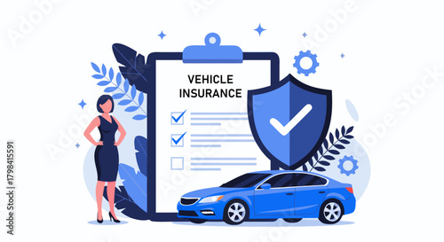 Vehicle Insurance Policy on Clipboard with Car, Shield and Woman Illustration