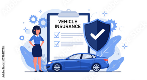 Vehicle Insurance Illustration Woman, Car, Checklist, and Security Shield