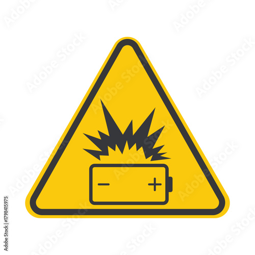 Isolated safety sign battery with an explosion symbol, warning of battery burst hazards, overheating risks, and safety caution.