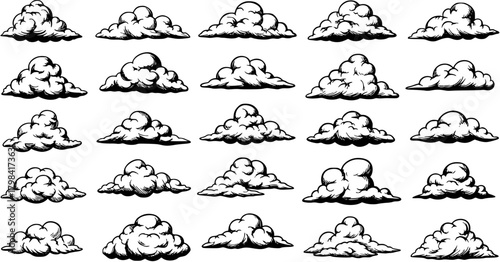 Cartoon Clouds Set. Hand-drawn black and white sketches of various cloud shapes, cumulus, sky, weather, comic elements, vintage style graphic collection.