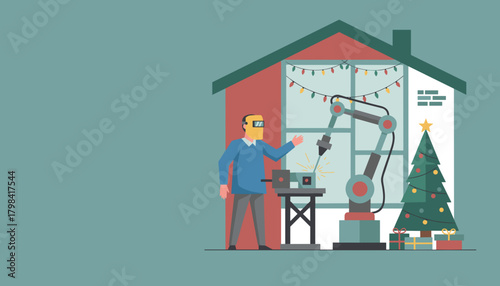 Robotic arm welding in a Christmasdecorated home workshop Future of manufacturing and holidays
