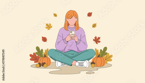 Cozy autumn leisure Woman sitting with phone surrounded by fall leaves pumpkins and acorns