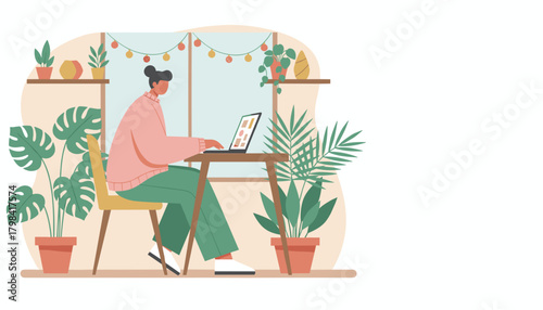 Working from home modern person using laptop in a bright green interior space