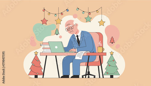 Stressed senior businessman working on laptop during Christmas holidays illustration