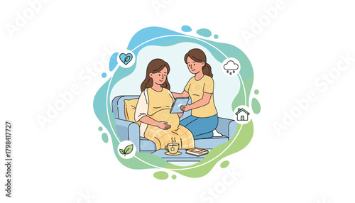 Supported pregnant woman reviews maternity health info on a tablet in a cozy home setting