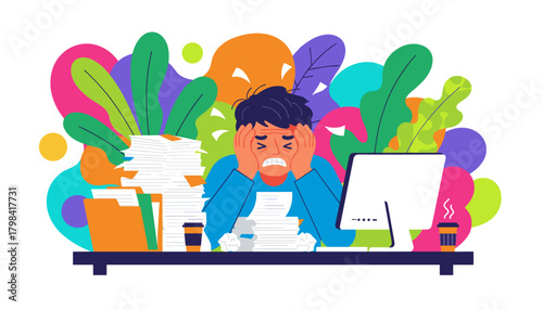 Overworked man stressed by paperwork mountain and deadlines at the office desk