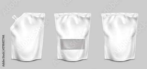 Doypack, pouch bags with transparent surface set - Doypack Pouch Packaging Mockup Set – Realistic Stand-Up Bags with Spout and Window