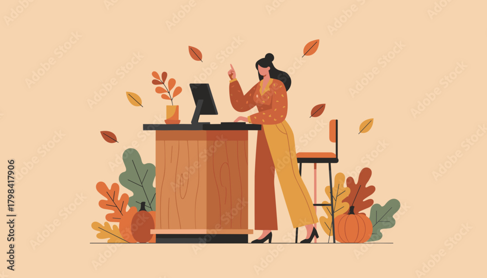 Fototapeta premium A woman works at an autumnthemed desk pointing up with a business idea or inspiration