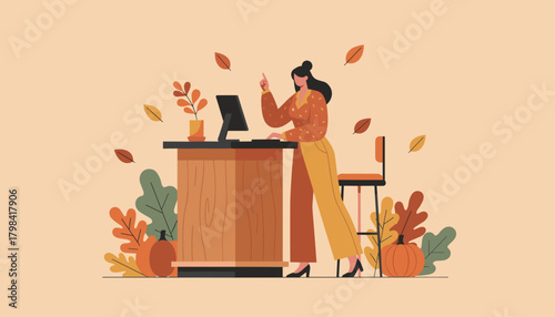 A woman works at an autumnthemed desk pointing up with a business idea or inspiration