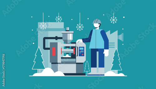 Industrial worker operating factory machinery outdoors during winter Holiday production theme