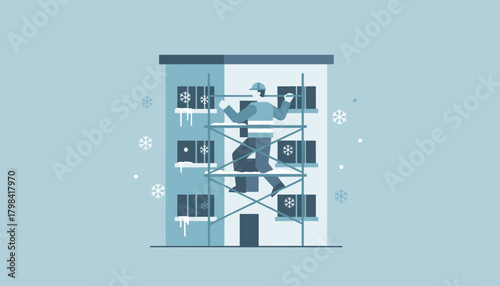 Repairman working on building exterior scaffolding in cold winter weather flat vector illustration