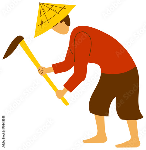 Traditional Farmer Hoeing Illustration. Editable color vector