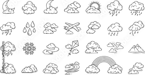 Weather Icons Set: Hand-Drawn Doodle Collection of Clouds, Rain, Sun, Moon  More