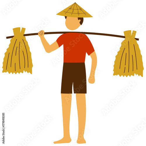 Traditional Farmer Carrying Rice Harvest with Bamboo Pole Illustration. Editable color vector