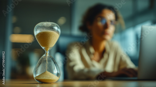 Hourglass time management deadline woman working laptop office concept