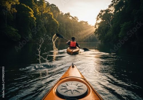 Fototapeta Naklejka Na Ścianę i Meble -  POV of kayaker paddling serene jungle river at golden hour, sun rays illuminating lush forest, adventure travel