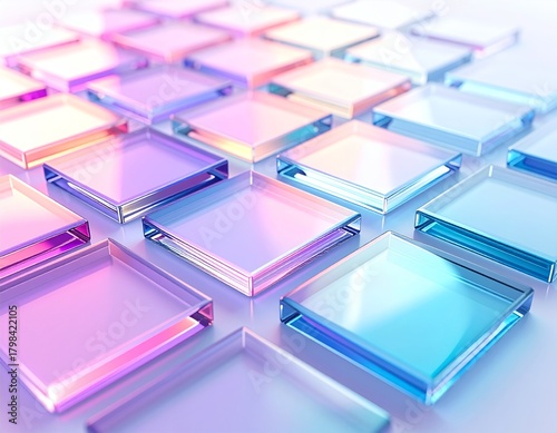 Abstract Colorful Glass Tiles Background with Gradient Hues and Reflective Surfaces.