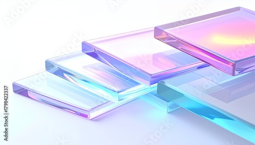 Abstract Glass Panels with Holographic Reflections on White Background.