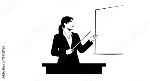 A black and white illustration depicts a person in formal attire presenting information on a blank board