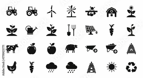 Agriculture and farming solid glyph icon set collection.