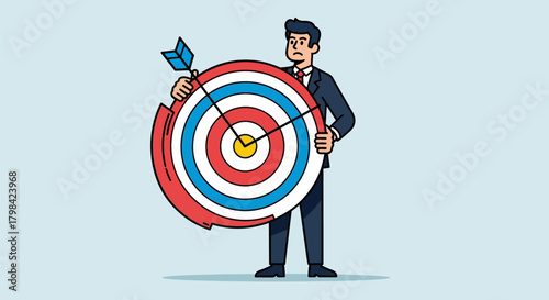 A man in a suit holds a target with an arrow, looking concerned