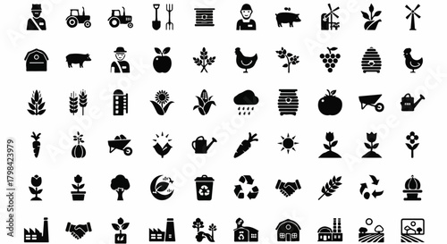 Agriculture farming and environment black solid icon collection.