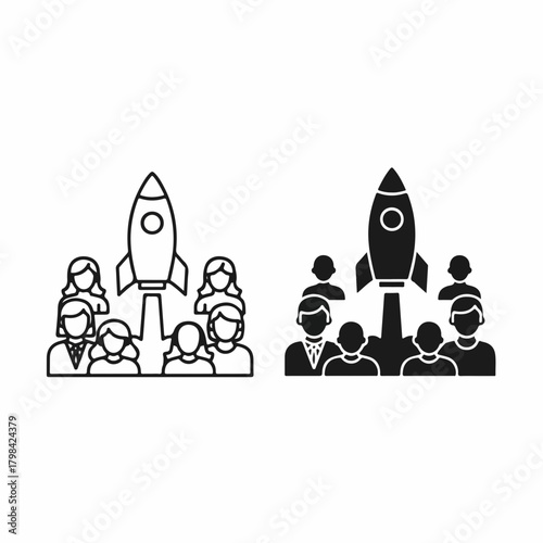 Business startup launch icon with team and rocket ship.