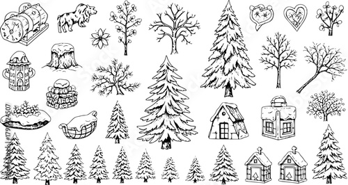 Winter Forest and Christmas Doodle Set. Hand-drawn vector sketch collection featuring pine trees, snow-covered cabins, bare branches, animals, and festive elements.