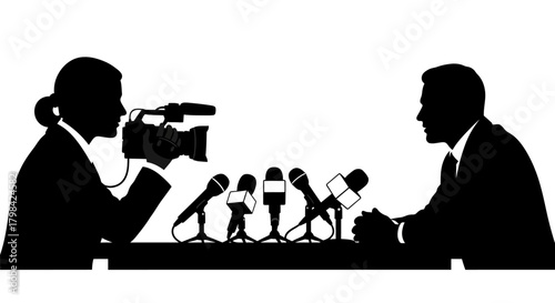 Silhouette of a press conference with a videographer and speaker
