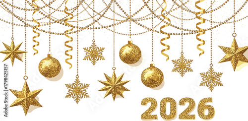 Golden Christmas Ornaments and Stars with 2026 Festive Decorations for New Year Celebrations