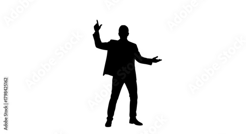 Silhouette of a person in a suit, with one arm raised pointing upwards and the other open
