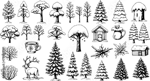 Hand-Drawn Black and White Nature Elements: Trees, Deer, Cabin, and Cup