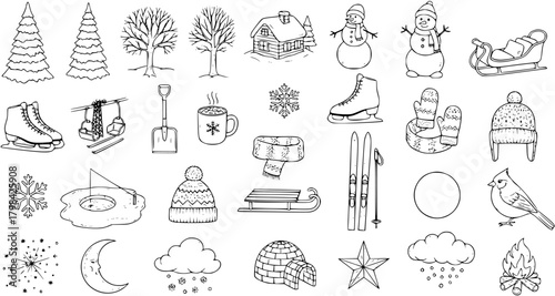 Winter Fun Hand-Drawn Doodle Set: Trees, Snowmen, and Holiday Activities