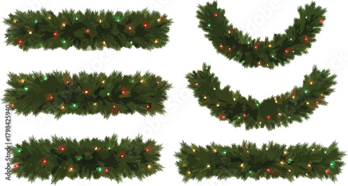 Festive evergreen garlands adorned with colorful twinkling lights, perfect for holiday decoration