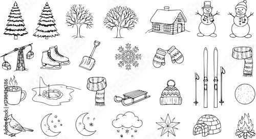 Black and White Hand-Drawn Winter Icons and Symbols for Design