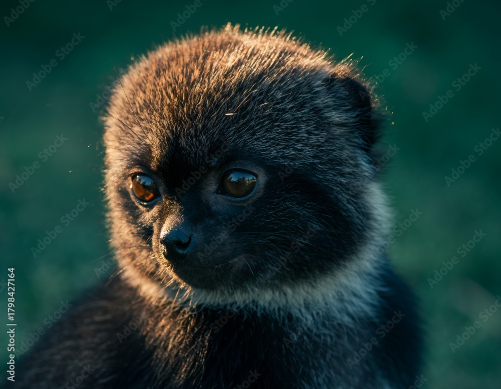 Obraz premium Close-up of a young black lemur with warm sunlight highlighting its fur, looking intently to the side against a soft green background.