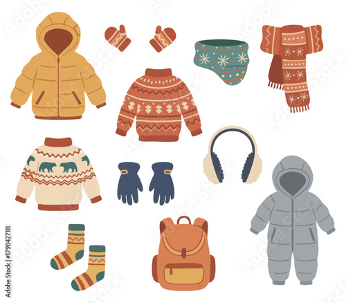Winter Clothing, Puffer, Sweater, Gloves Illustration Set