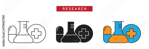 Medical Research Icon: Lab Flask, Capsule, and Medical Cross Symbol, Scientific Study.