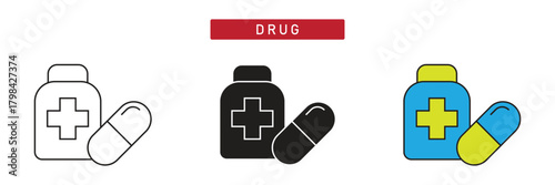 Drug Bottle Icon: Prescription Container with Medical Cross and Capsule, Pharmacy Supply.