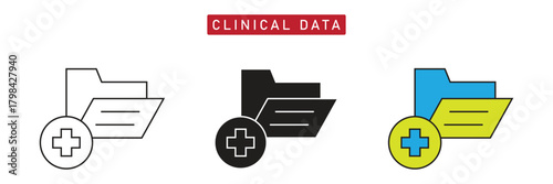 Clinical Data Icon: Medical Folder with Cross, Patient Record and Health Information Symbol.