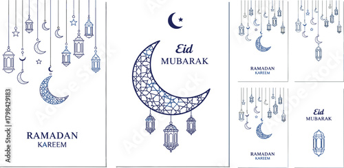 Ramadan Kareem and Eid Mubarak Greeting Cards with Lanterns and Crescent Moon Designs