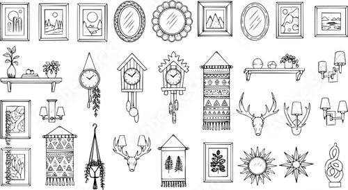 Hand-drawn Home Decor Sketch Collection: Wall Art, Mirrors, Clocks, Shelves, Wall Lights, Macrame, and Decorative Objects. Doodle Style Interior Design Elements.